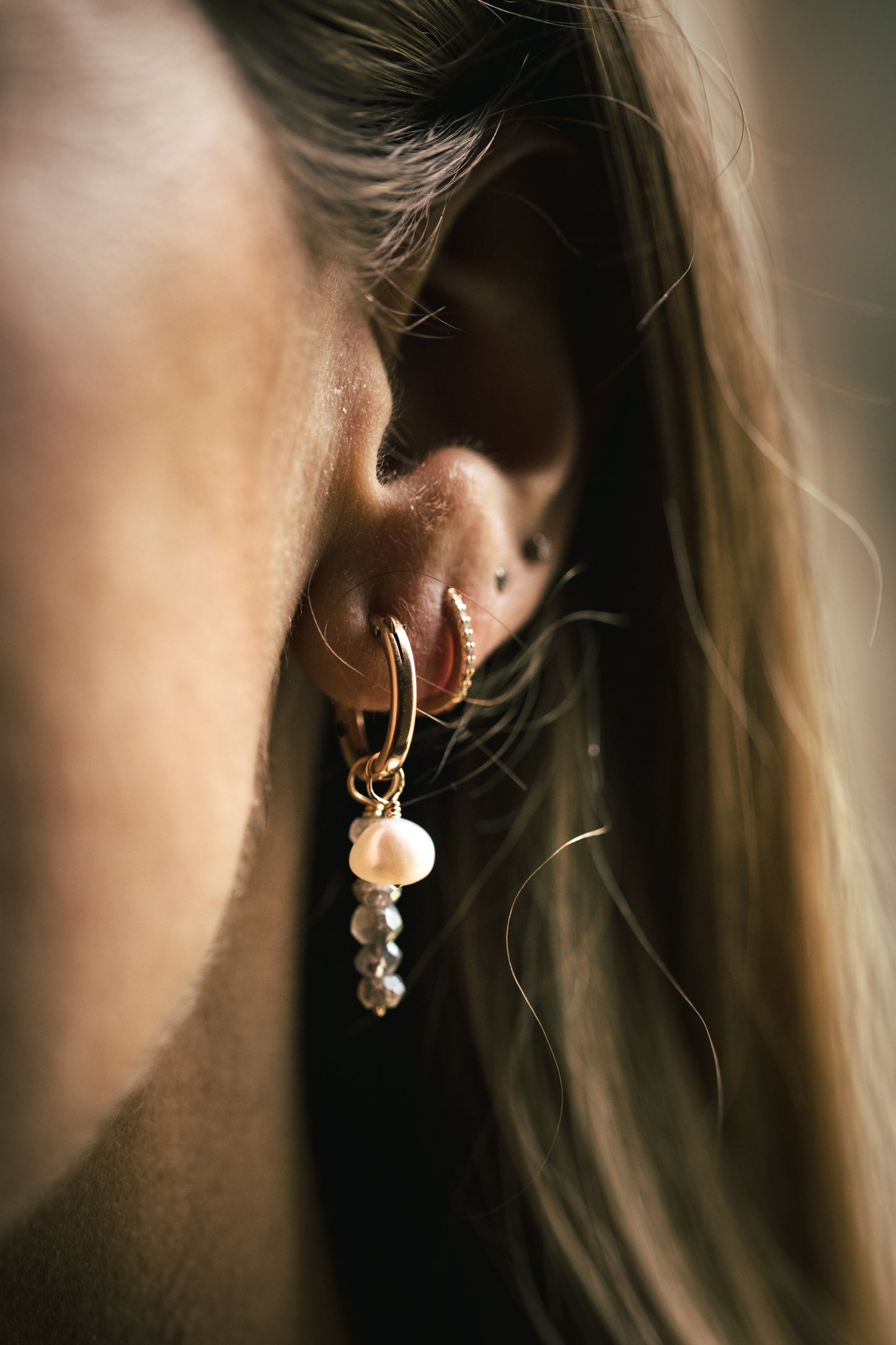 Medium Labradorite and Pearl Hoops