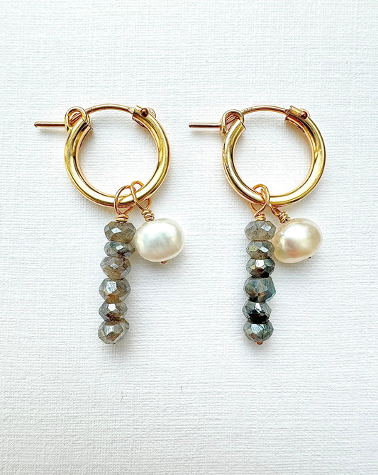 Medium Labradorite and Pearl Hoops